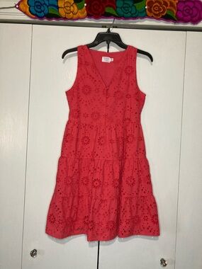 Time & Tru XS 0/2 Coral All Over Eyelet Lace Cotton Tiered Mini Dress Pockets!